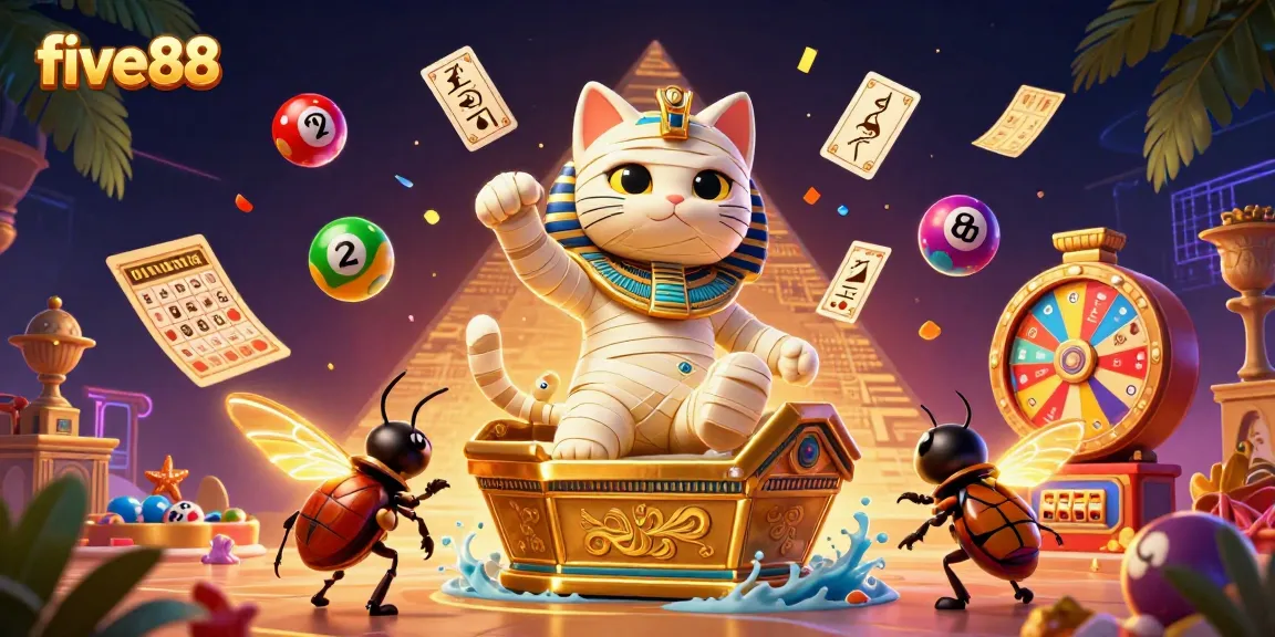 Experience thrilling gameplay with five88 in this vibrant, dynamic casino scene featuring colorful lottery balls and a mummy cat.