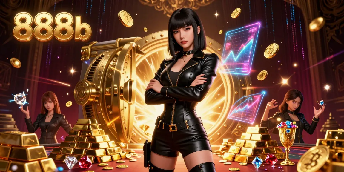 Engage with 888b's thrilling casino atmosphere filled with gold bars, Bitcoin, and a stunning Asian woman.