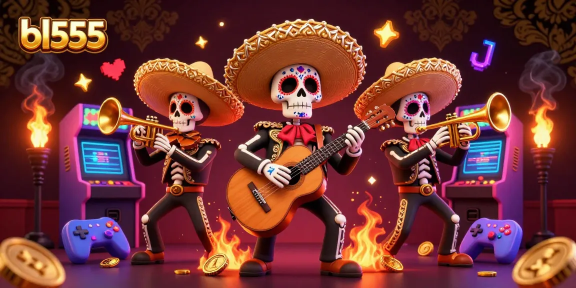 Experience the thrills of bl555 with cartoon mariachi characters amidst a vibrant gaming scene.