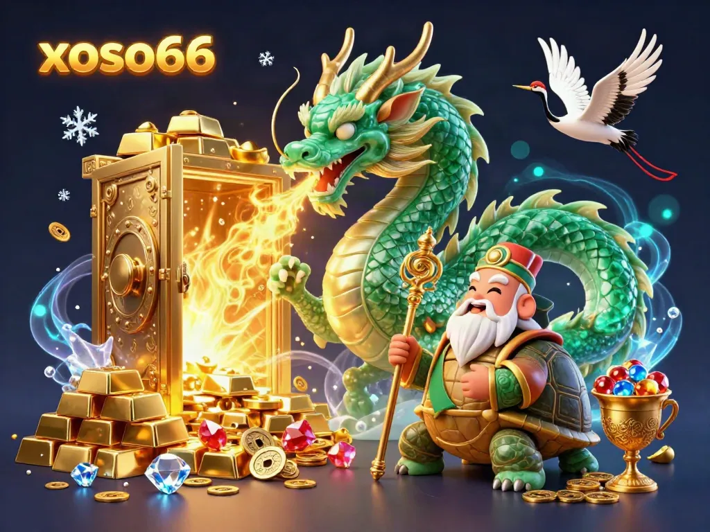 Engage in the thrilling world of xoso66 with a vibrant dragon, wise turtle, and lucky cranes in an ornate casino setting.