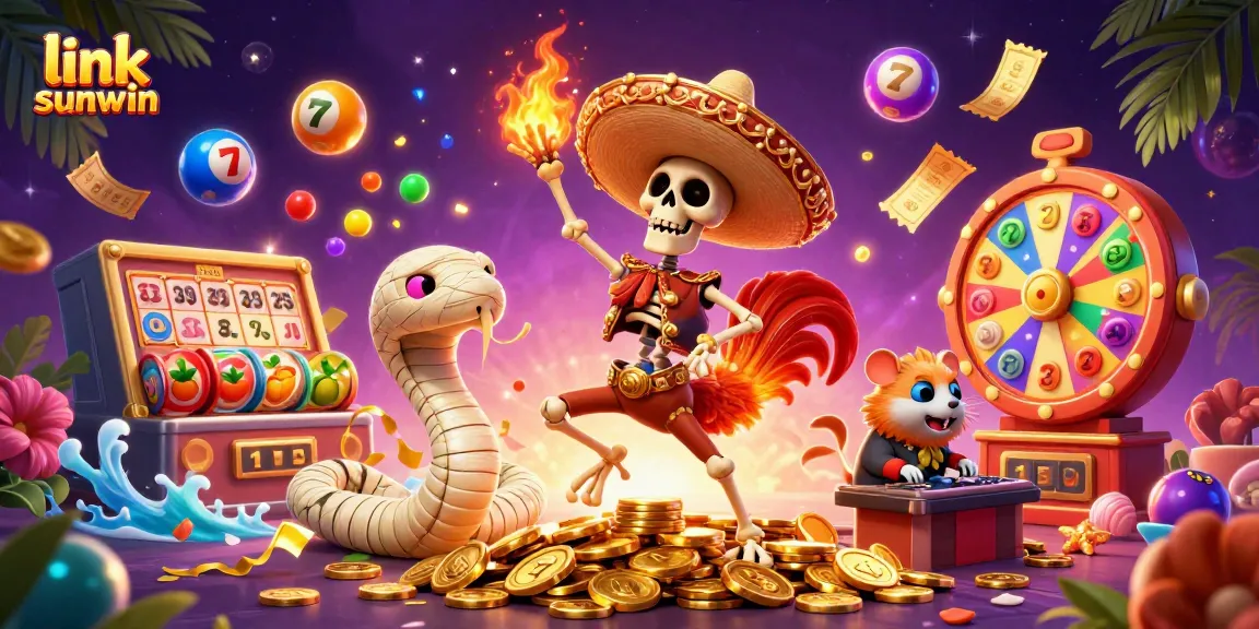 Experience the excitement of link sunwin as the mariachi rooster and friends celebrate amidst vibrant casino elements.