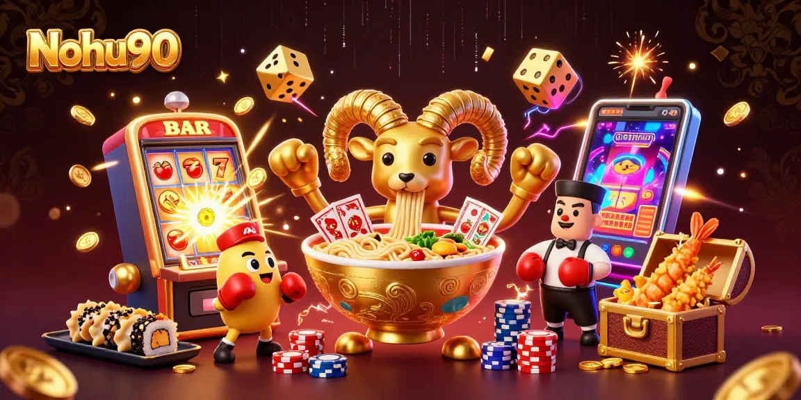 Nohu90's vibrant casino scene featuring a giant ramen bowl dealer amidst colorful slot explosions and festive elements.