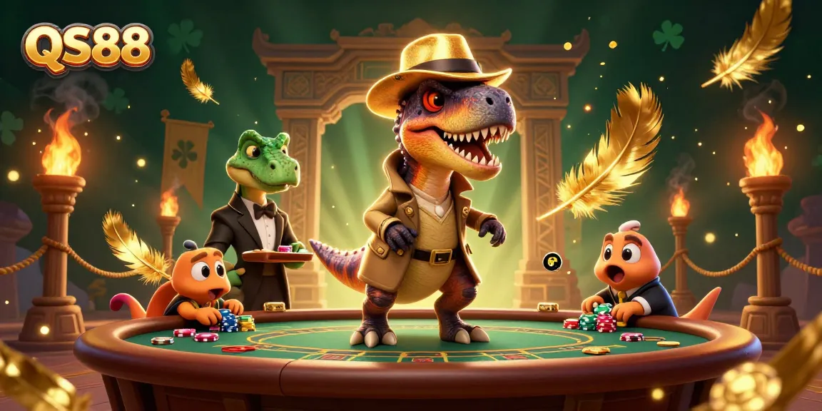 Experience thrilling gameplay at QS88 with a 3D velociraptor card counter amid casino action.