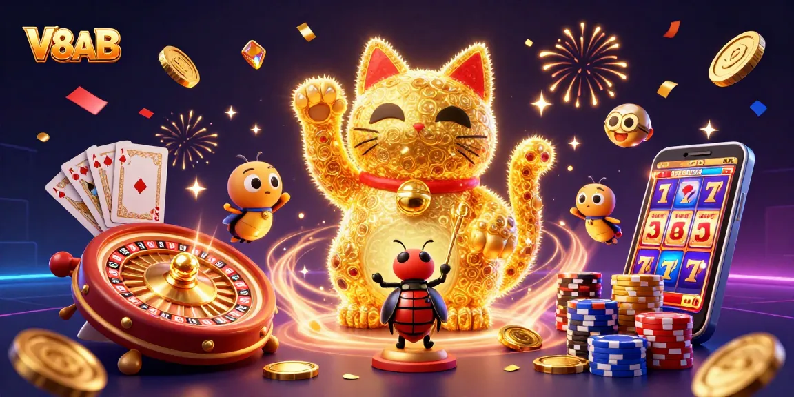 Engage with V8AB's vibrant 3D illustration showcasing delightful casino elements and excitement.