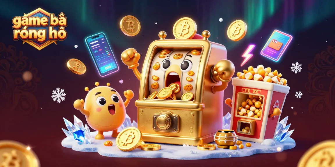 Playing game bài rồng hổ with excitement as cartoon slot machines hit jackpots and cheer with glowing crypto.