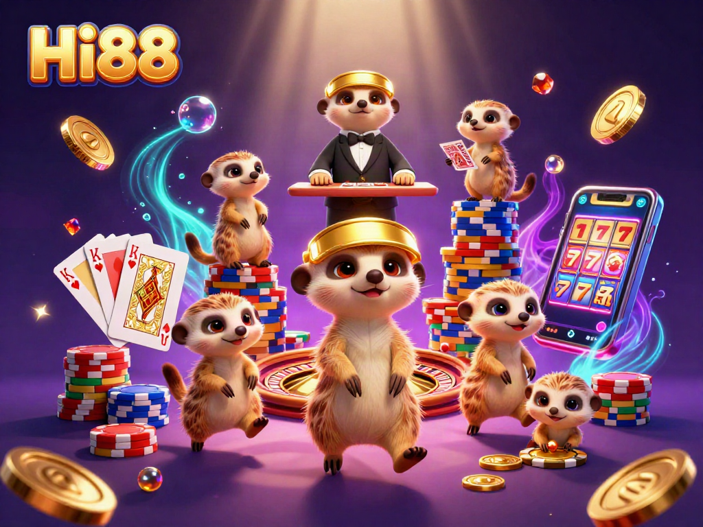 Experience the excitement of Hi88 with meerkats in a vibrant casino scene filled with action and colorful gaming elements.