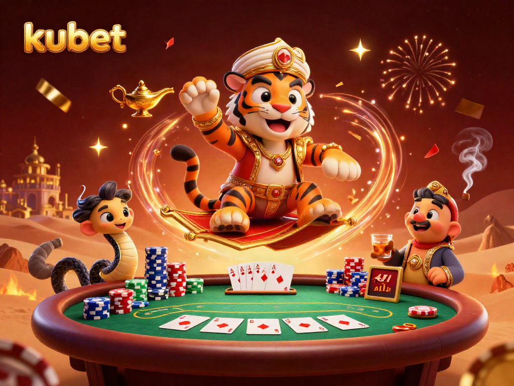 Experience the thrill of kubet gaming with this vibrant 3D casino scene featuring a tiger sultan and poker elements.