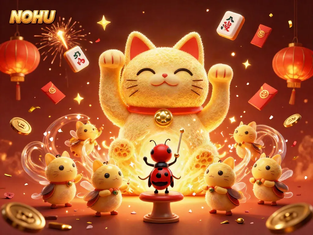 Experience the vibrant luck at NOHU with golden fireflies and a lucky cat amidst casino magic.