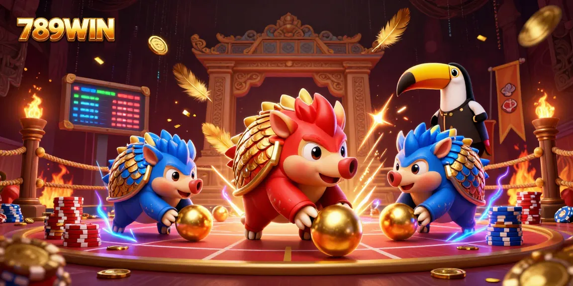 Experience excitement at 789WIN as rival pangolins bowl through chips in a vibrant casino scene.