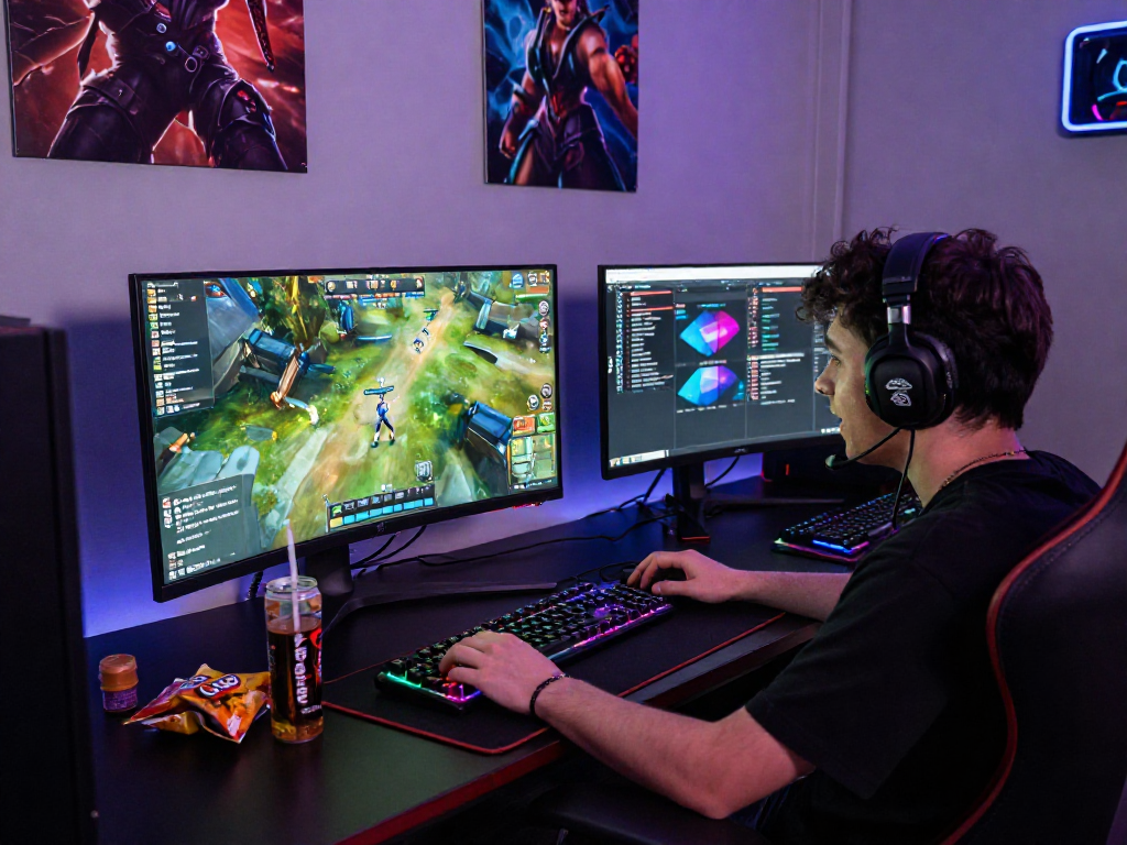 KOMBET168 player in a vibrant gaming setup, focused on immersive gameplay and community interaction.