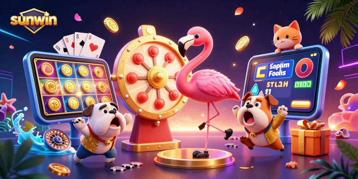 Engage in exciting gameplay at sunwin with a vibrant casino scene featuring a prize wheel and animated characters.
