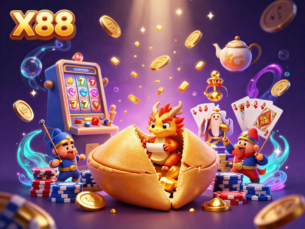 X88 Casino scene featuring a golden fortune cookie, tiny dragon, and golden coins.