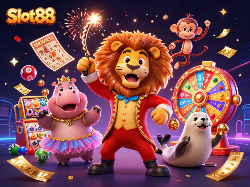 Experience the excitement of Slot88 with a vibrant 3D illustration featuring engaging casino elements and characters.