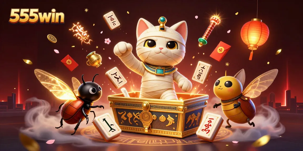 A dazzling scene showcasing the 555win Egyptian mummy cat and scarab beetle celebrating in a vibrant casino setting.