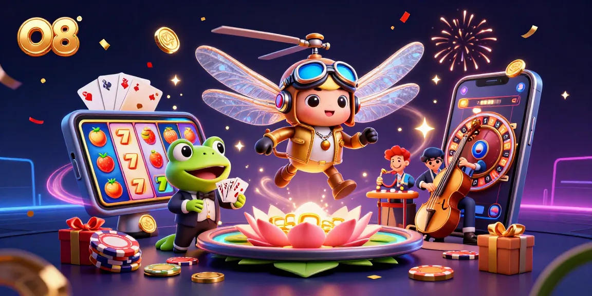 O8 offers vibrant casino excitement with 3D dragonfly pilot overseeing slot games and jazz action.