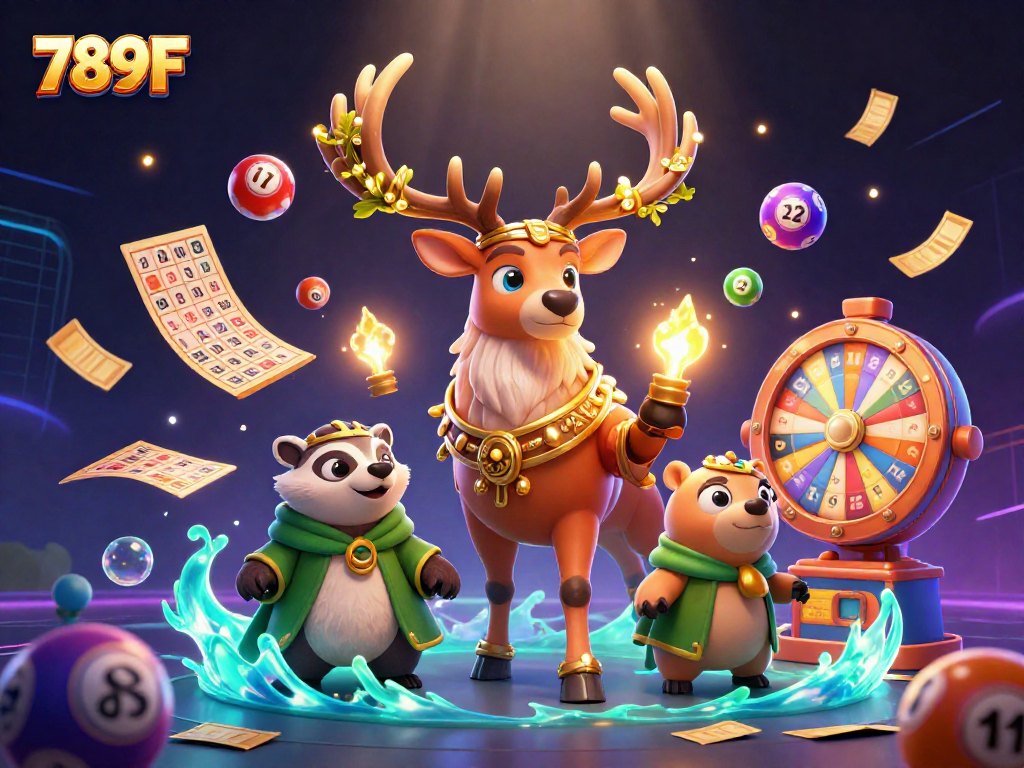 Join the excitement at 789F with dynamic lottery and gaming elements in a vibrant 3D scene.