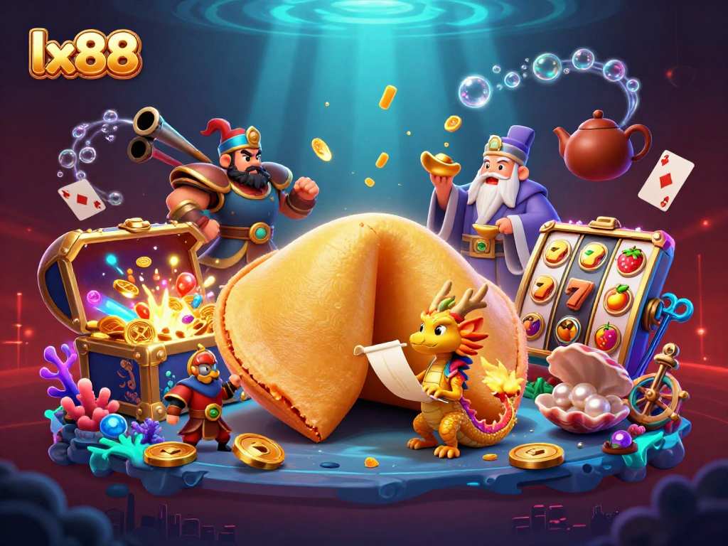 Engage with the lx88 golden fortune cookie scene featuring a wise dragon and dynamic casino elements.