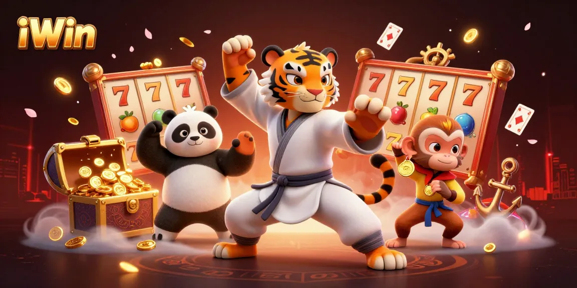 Engage with iWin's immersive casino experience featuring vibrant slot elements and animated characters.