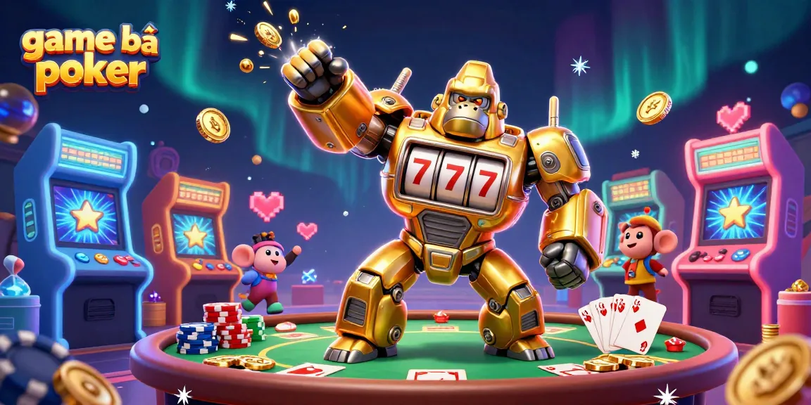 Engage with game bài poker through an energetic 3D scene of a golden gorilla mech and colorful casino elements.