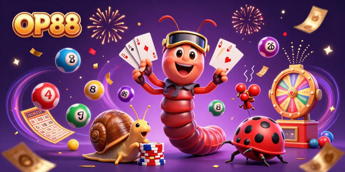 Experience the excitement of OP88 with a vibrant casino scene filled with thrilling games and characters.