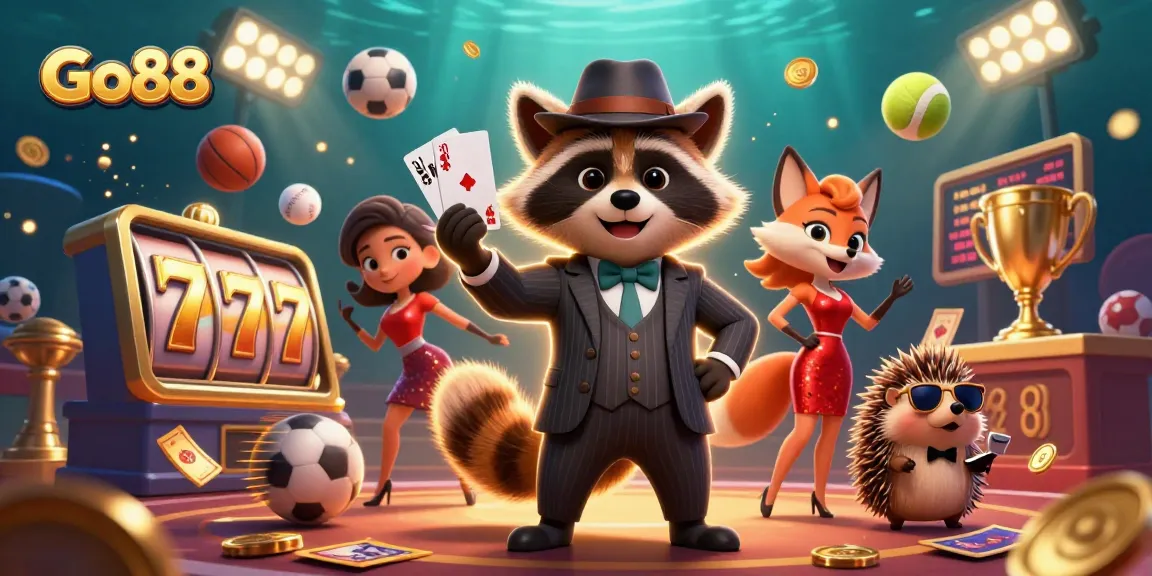 Engage with Go88 in a vibrant casino scene featuring a suave raccoon and a glamorous fox, surrounded by slot reels and joyful elements.