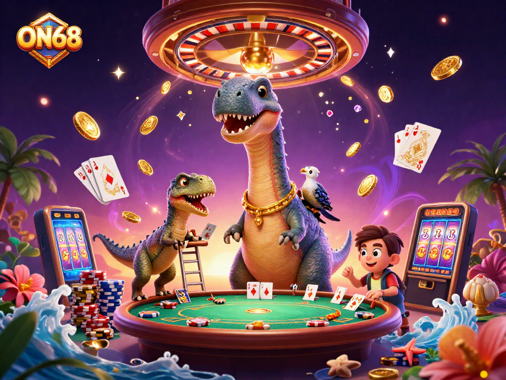 Join the excitement at ON68 with a prehistoric twist, featuring a brontosaurus observing gameplay at a lively casino.