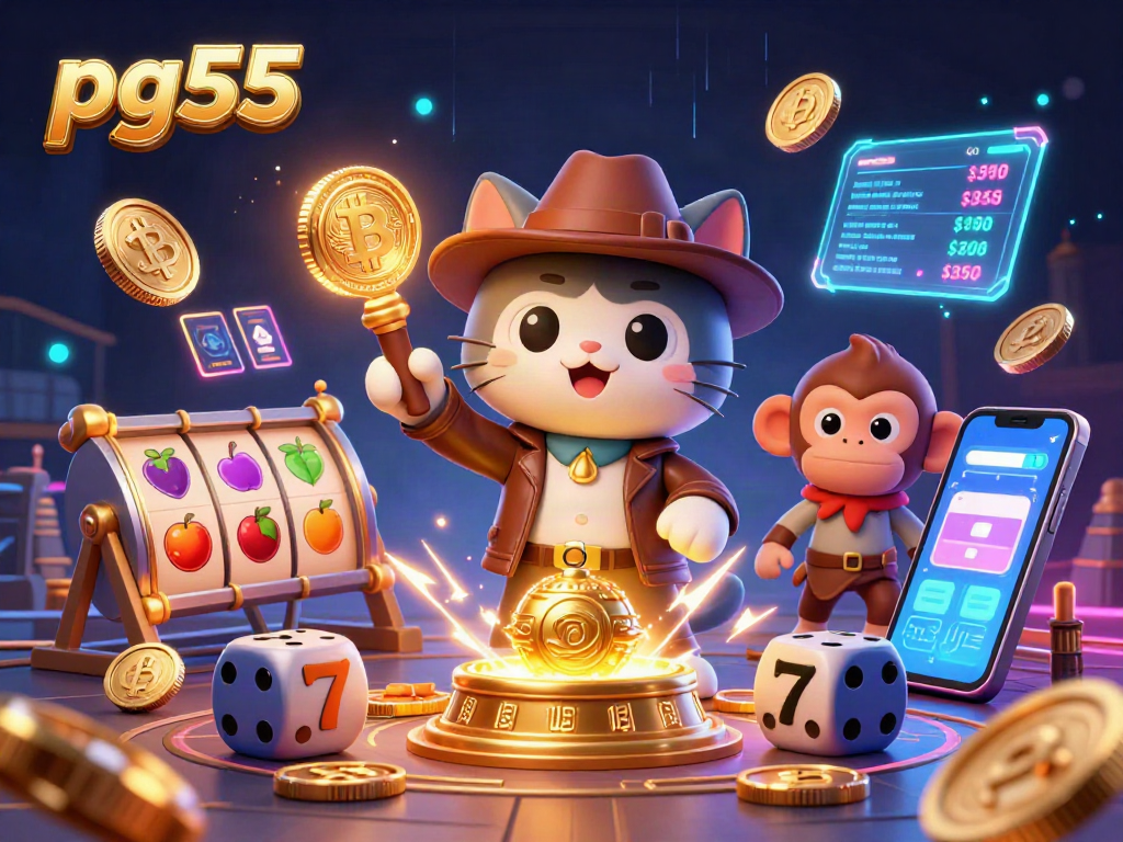 Cat and monkey uncovering pg55 casino treasures among neon crypto coins and vibrant symbols.