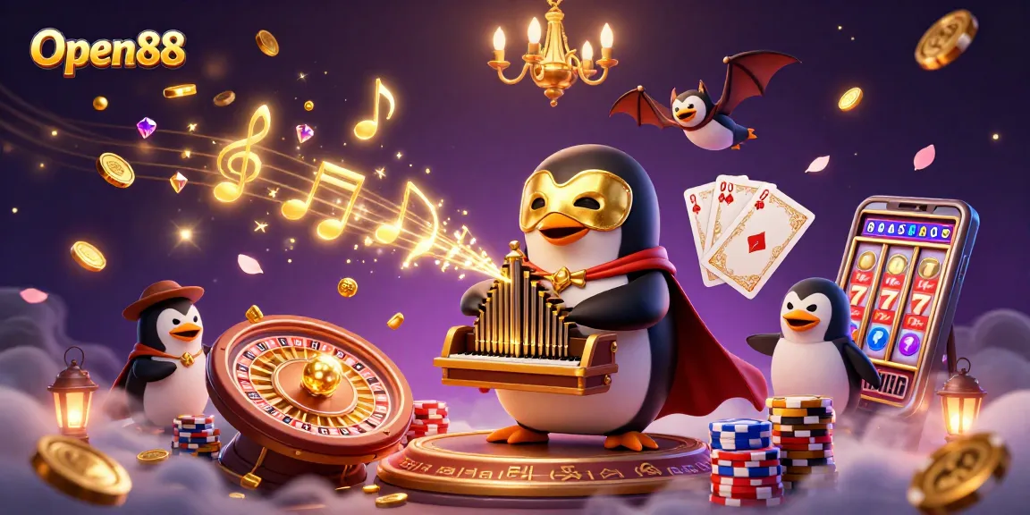 Open88 penguin organist shoots coins in a vibrant casino scene with dynamic elements