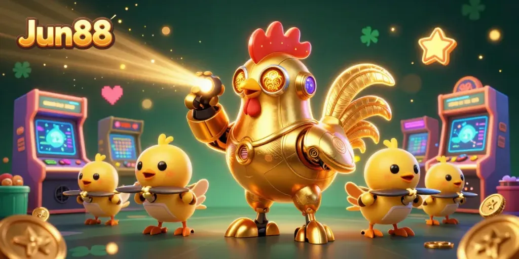 Trải nghiệm cược hấp dẫn tại Jun88 dưới hình ảnh robot gà vàng độc đáo và game slot sôi động.