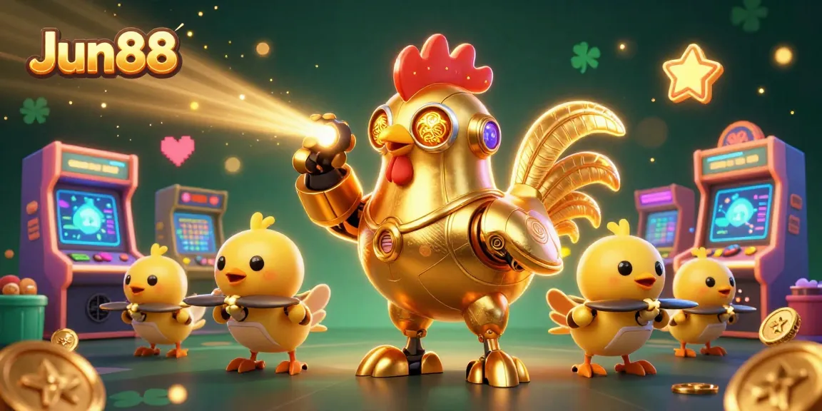 Trải nghiệm cược hấp dẫn tại Jun88 dưới hình ảnh robot gà vàng độc đáo và game slot sôi động.