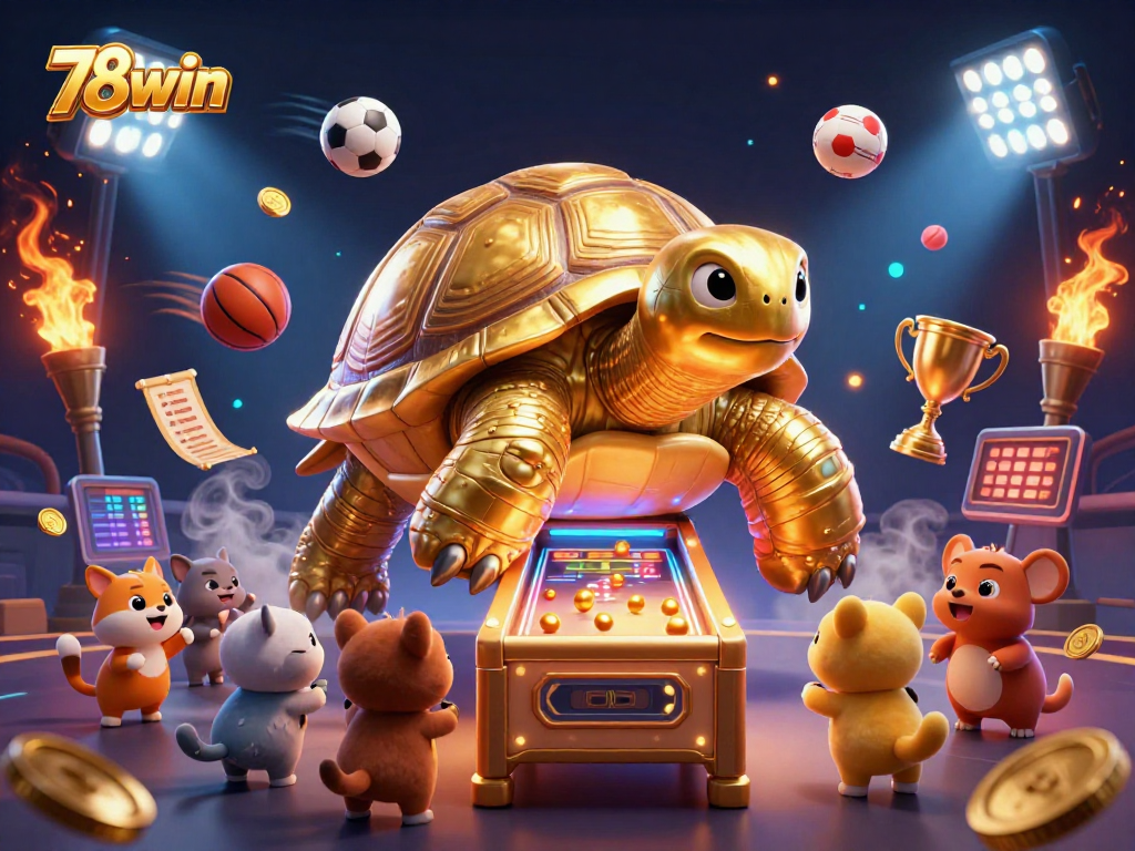 Engage in exciting gameplay with 78win alongside a colossal tortoise and energetic animals surrounded by vibrant sports elements.