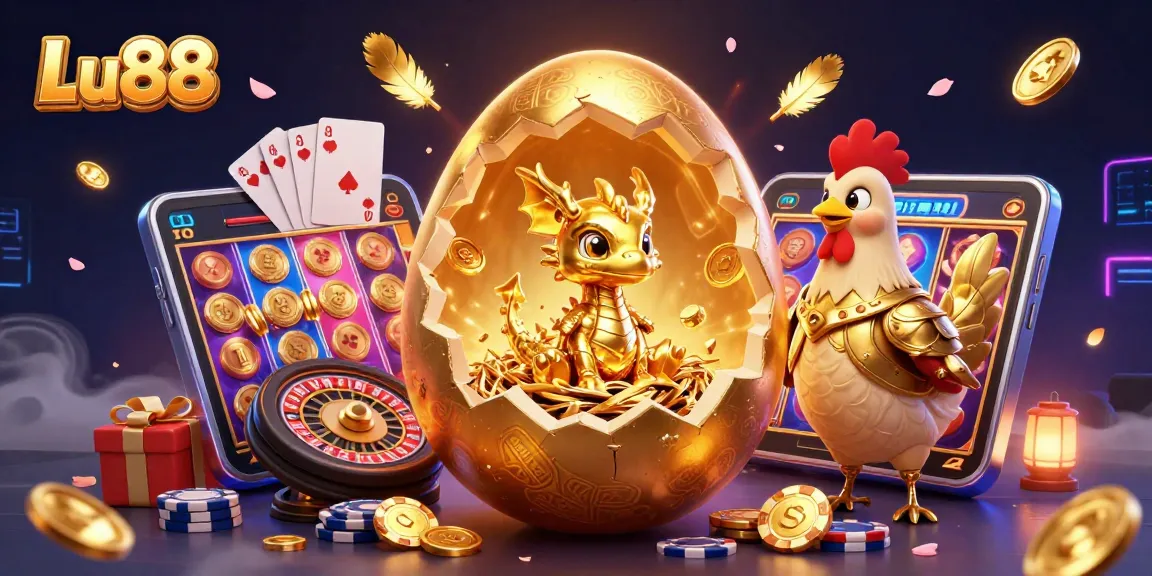 Experience the thrill of Lu88 with a golden dragon emerging from a nest of poker chips in this vibrant illustration.
