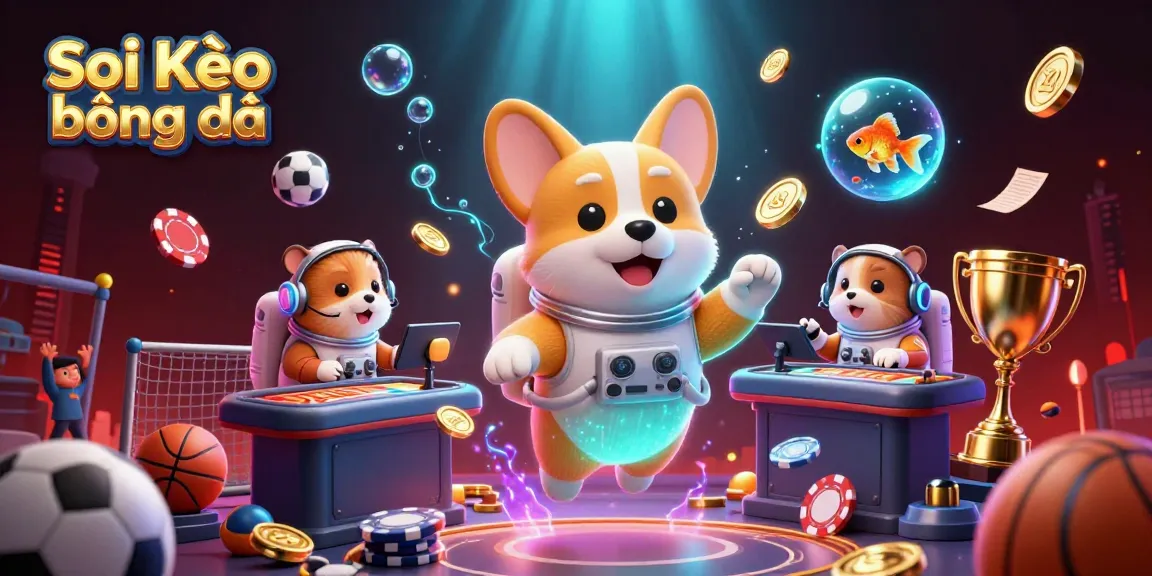 Soi Kèo bóng đá with a 3D cartoon astronaut corgi in a space station casino surrounded by sports elements and coins.