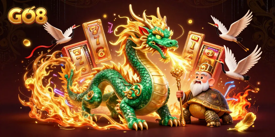 Experience the thrill of GO8 casino with an epic dragon, crane, and turtle sage in a vibrant gaming scene.