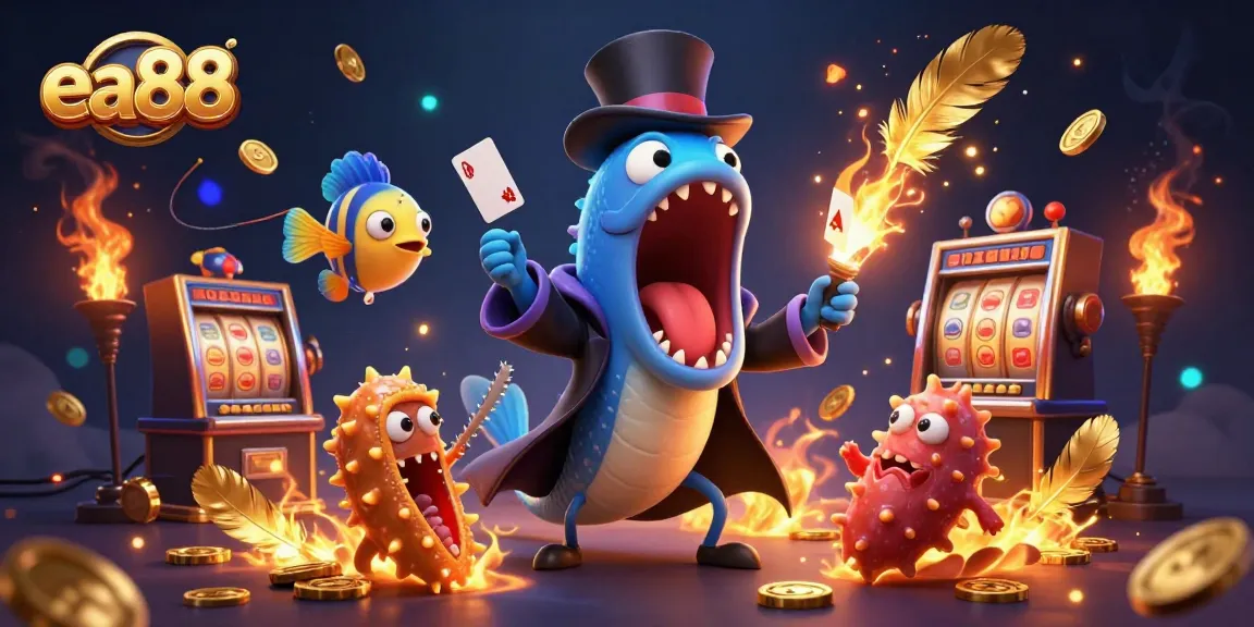 ea88 showcases a magical deep-sea gambling scene with animated creatures performing tricks among slot reels and gold coins.