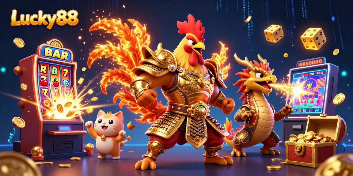 Win big at Lucky88 with vibrant 3D illustration showcasing exhilarating slots and exciting characters.