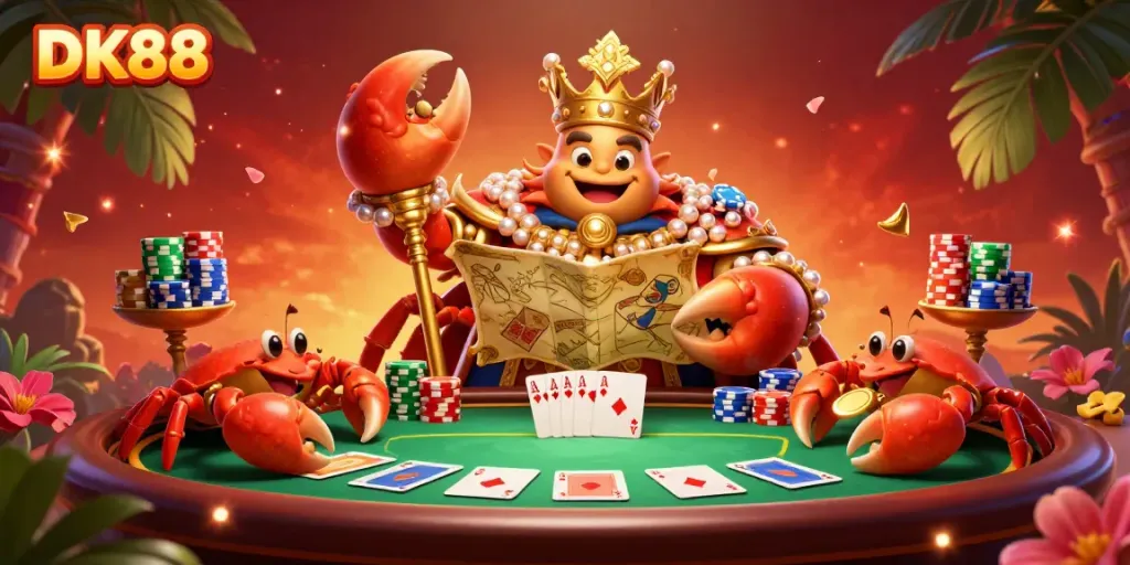 Experience the thrill of gambling with DK88 featuring a golden crab emperor at a vibrant poker table.