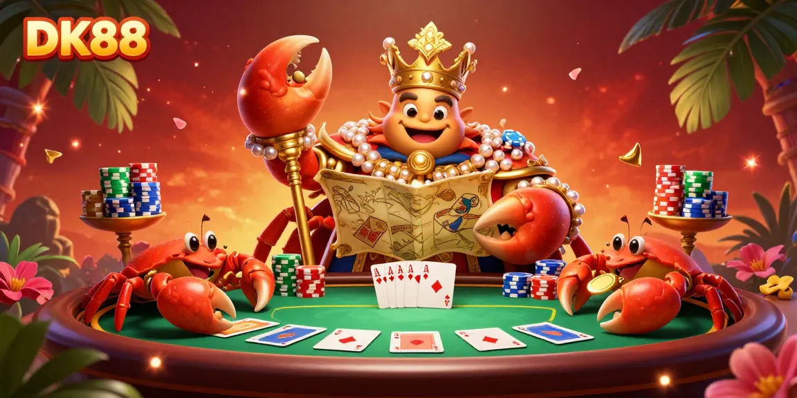 Experience the thrill of gambling with DK88 featuring a golden crab emperor at a vibrant poker table.