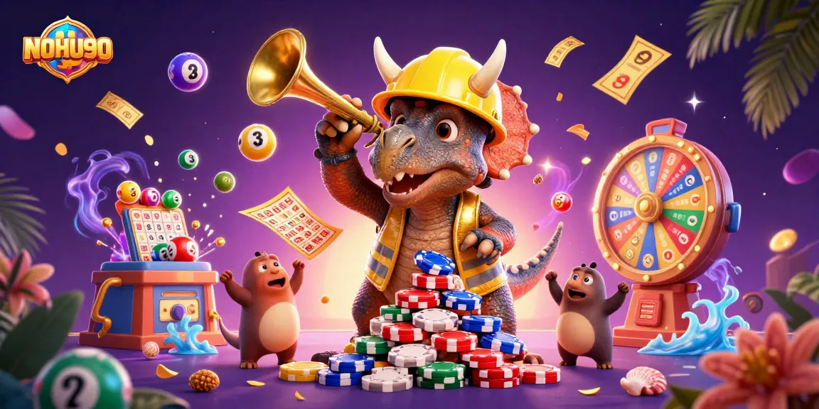 Experience the excitement of NOHU90 with cartoon dinosaurs celebrating the jackpot!