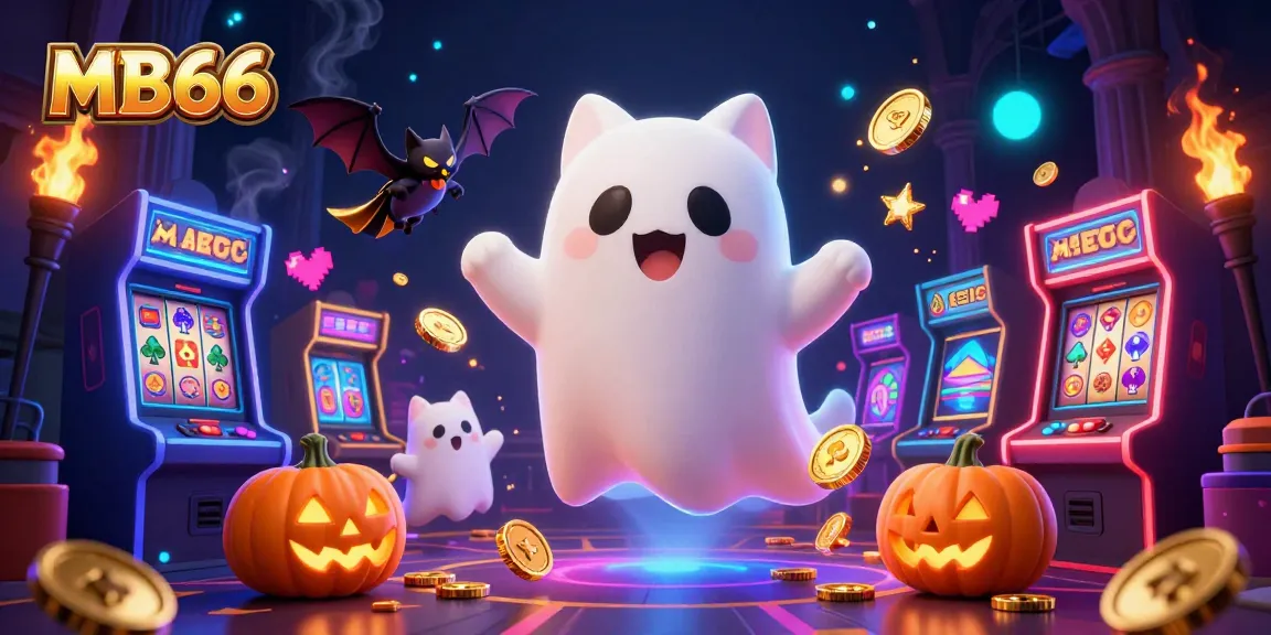 Engage with MB66 in a vibrant casino scene featuring a ghost cat, bat, slot machines, and glowing coins.