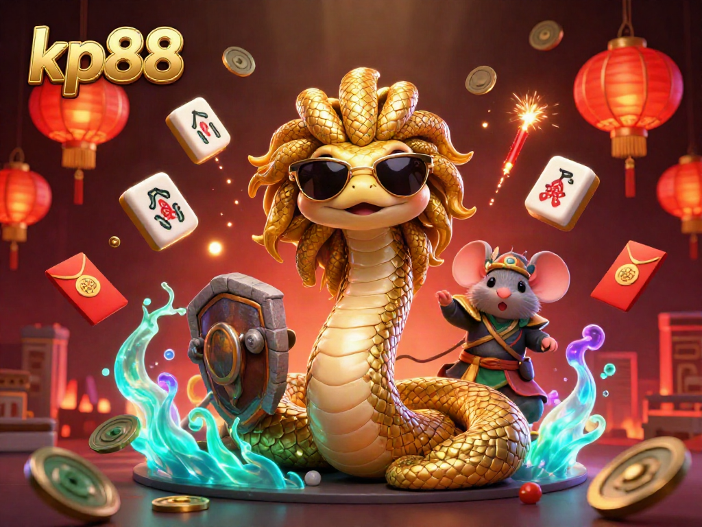Engage in the vibrant world of kp88 with a colorful 3D casino illustration featuring a Medusa-snake lady, golden elements, and game symbols.