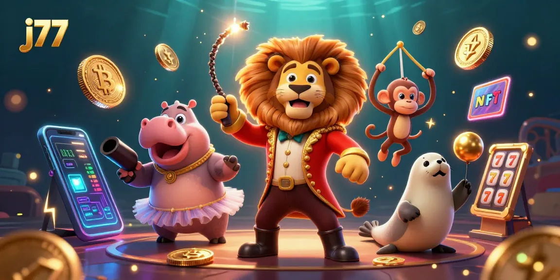 Experience thrilling gaming at j77 with lively circus characters surrounded by slot elements and crypto coins.