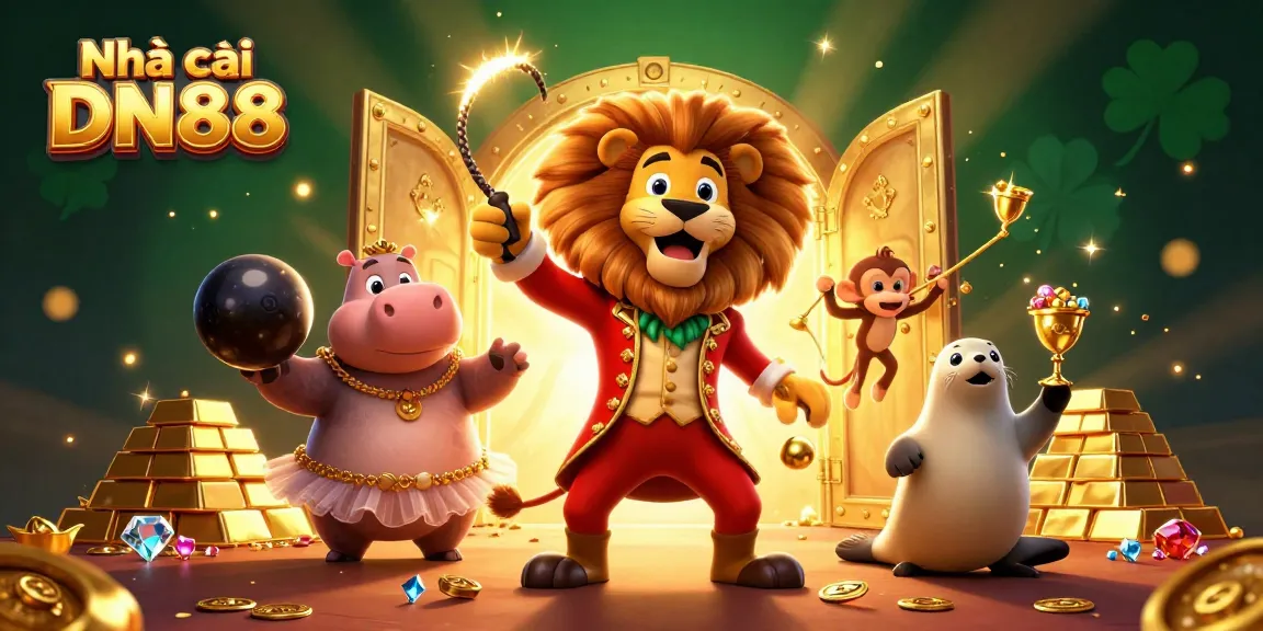 Experience thrilling action at Nhà cái DN88 with vibrant casino characters surrounded by treasure.