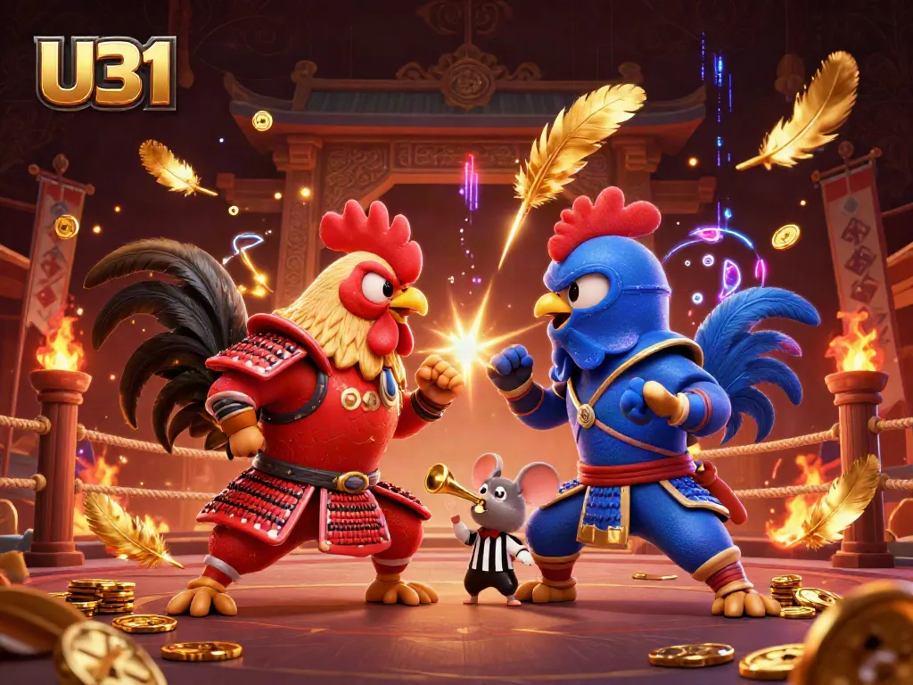 Experience thrilling U31 gameplay with colorful fighting roosters in a casino-themed arena.