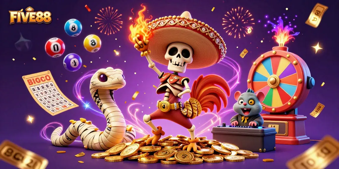 FIVE88 brings excitement with a vibrant 3D casino scene featuring animated characters and game elements.