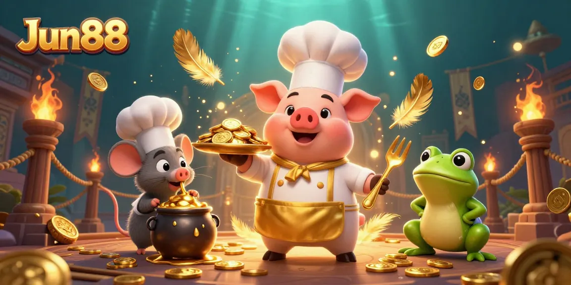 Engage in thrilling gambling at Jun88 with a vibrant casino scene featuring a chef pig and unique betting elements.