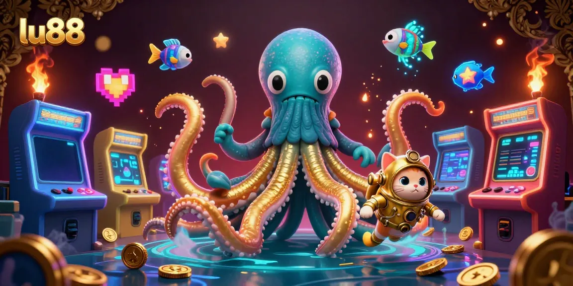Experience the thrill of lu88 with a dynamic scene featuring a kraken and a diving cat among glowing game elements.