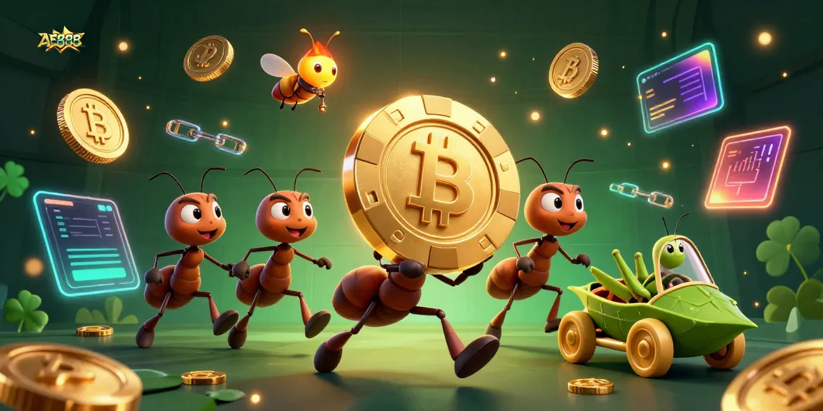Engage with AE888 as cartoon ants carry a giant poker chip through a vibrant casino tunnel.