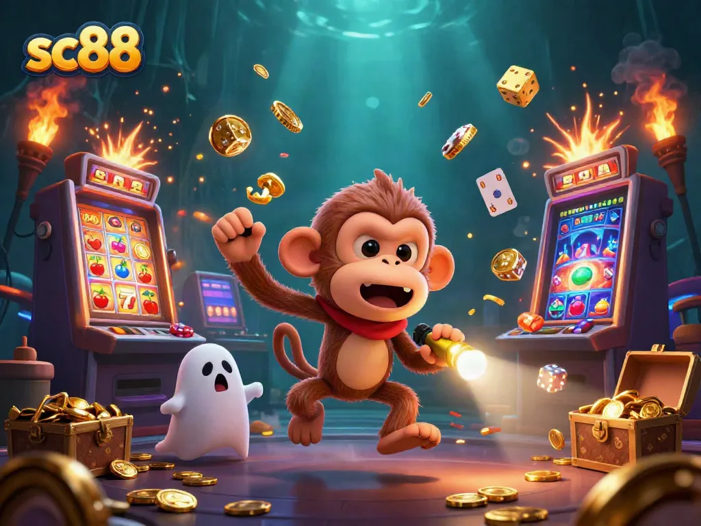 sc88 ghost-hunter puppy tracking a poltergeist monkey juggling casino items in a vibrant scene