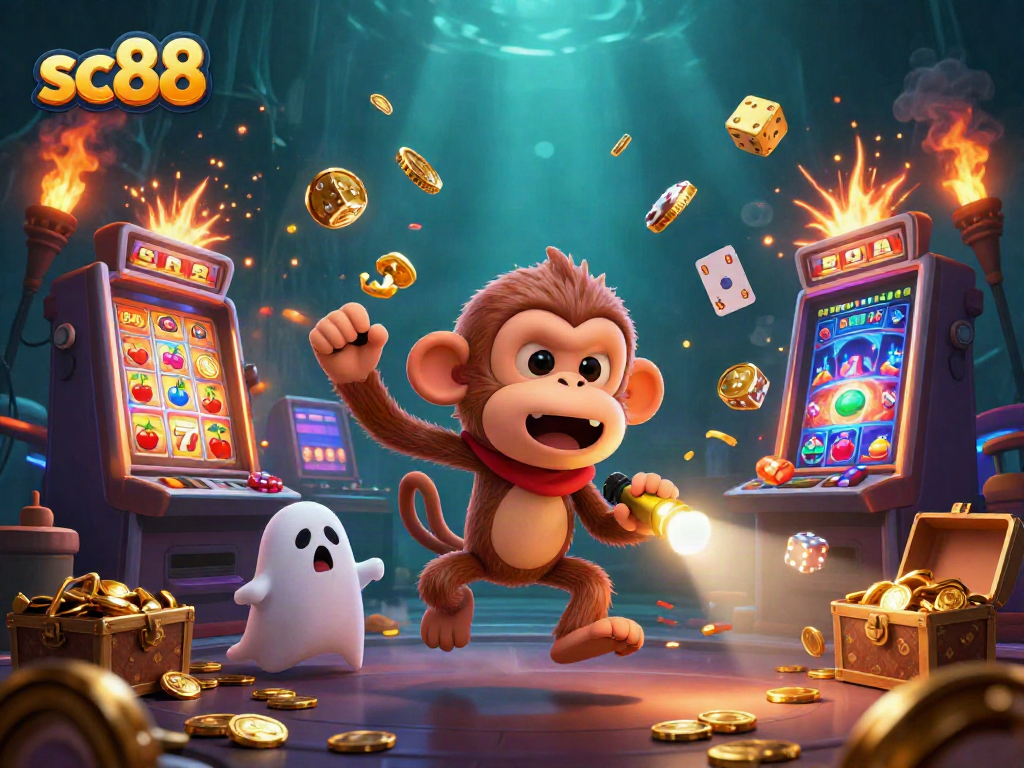 sc88 ghost-hunter puppy tracking a poltergeist monkey juggling casino items in a vibrant scene